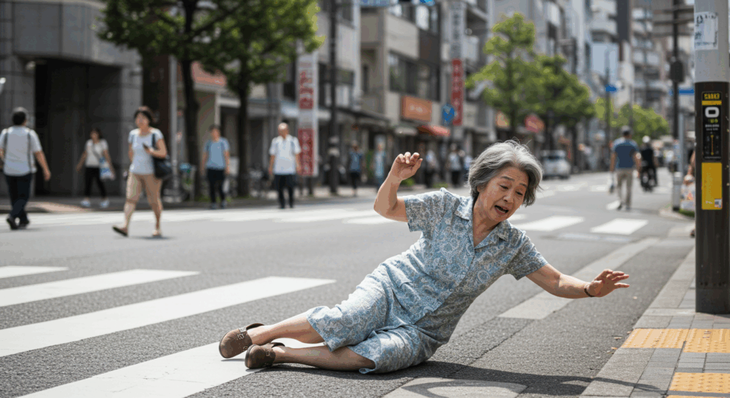 横断歩道で転倒するシニア女性
